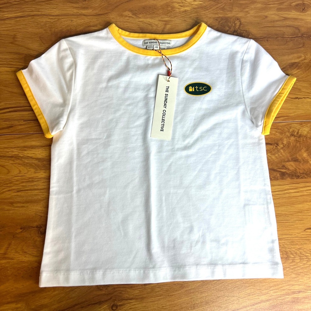 The Sunday Collective T-Shirt Girls Sz 4Y White Yellow Ringer Tee NWT